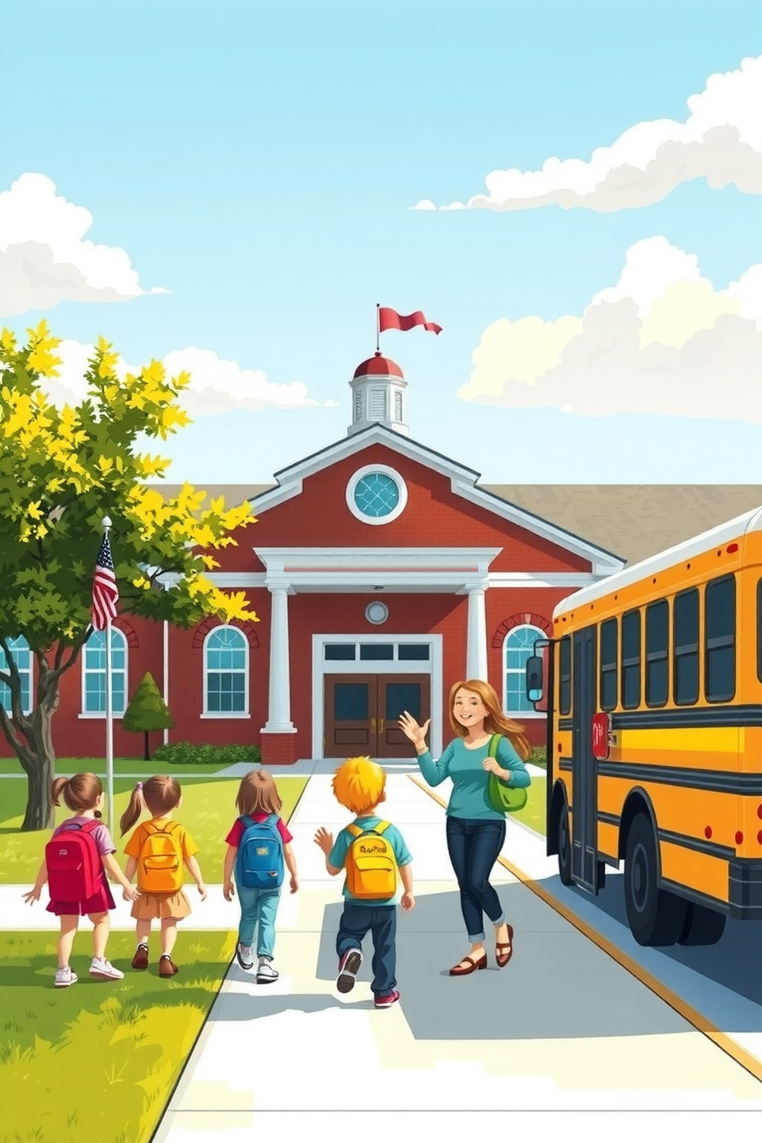Teacher's Pet cover โ a friendly elementary school with a yellow school bus