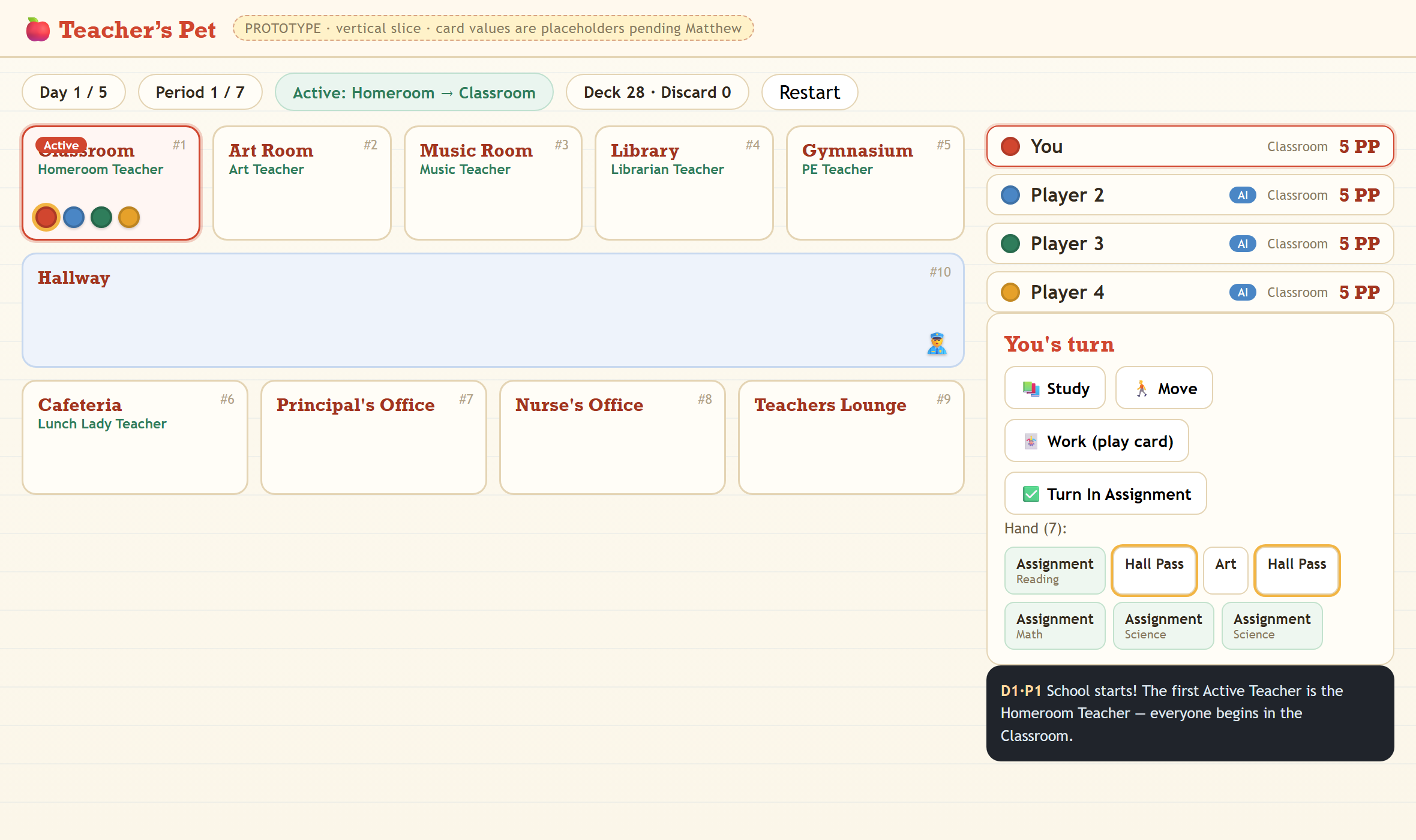 Screenshot of the playable Teacher's Pet board